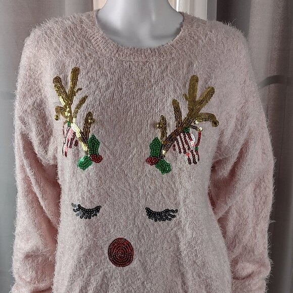 Holiday Time Pink, Shaggy, Reindeer Themed, Holiday Sweater Size L (12-14) - Picture 2 of 12